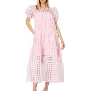 English Factory Organza Gridded Puff Sleeve Dress Pink Size L NWT